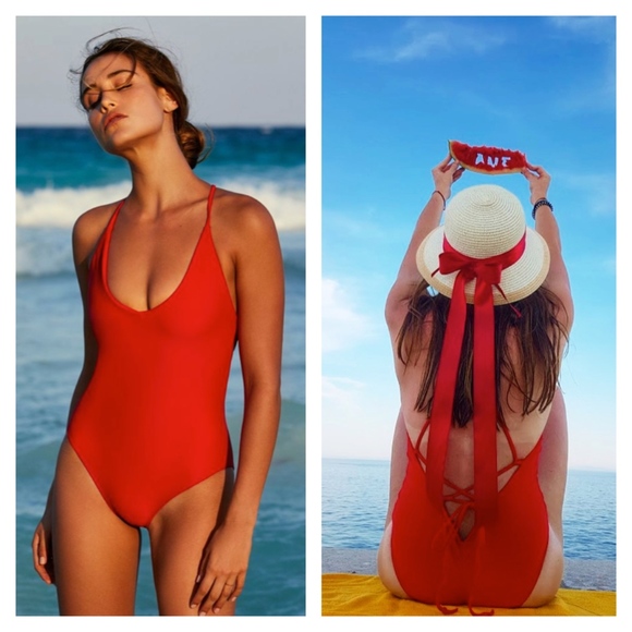 Rouge! Other - Red Lace Up Back Ruch Bottom One-Piece Swimsuit